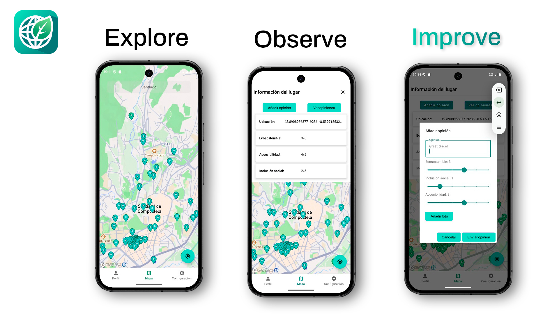 Capturas de pantalla de la aplicación móvil GreenDots mostrando sus diferentes funcionalidades